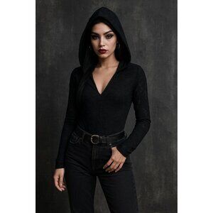 Savage X Fenty Black Lace Y2K Hooded Gothic Streetwear Bodysuit -‎ Size Large